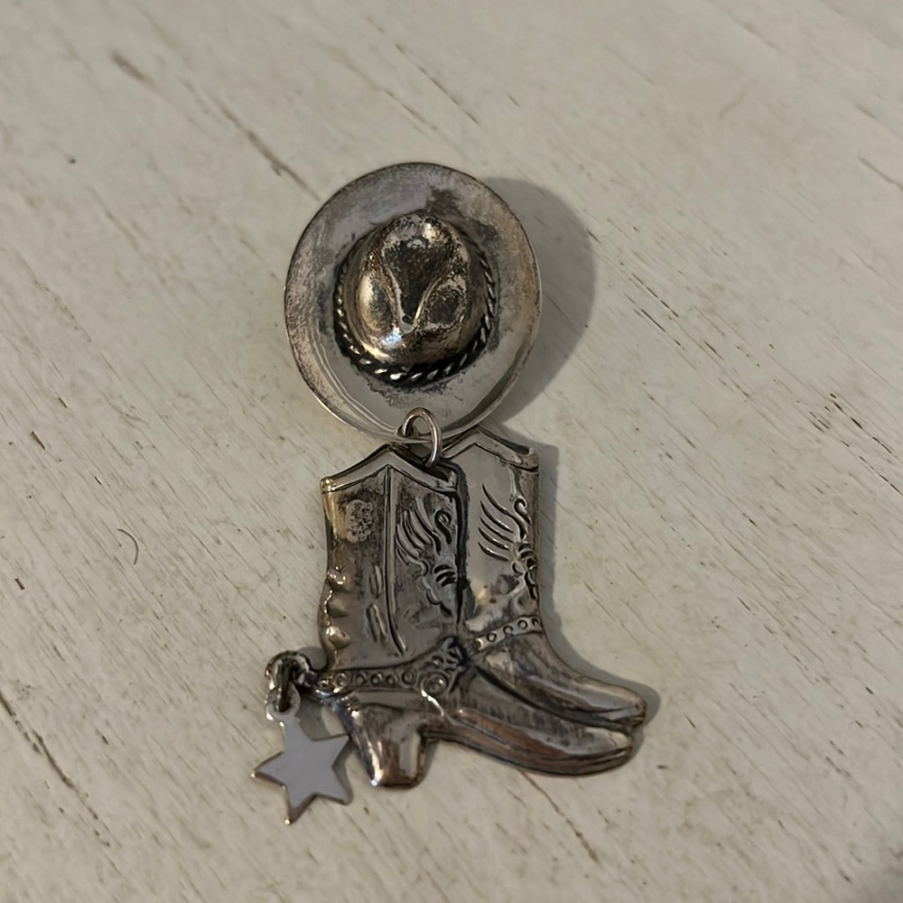 Vintage Sterling Silver western cowboy hat & boots Brooch dangling 925 3” x 1”